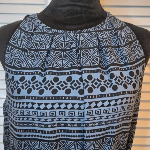 LOFT Blue and Black Midi Scalloped Hem Dress Geometric Pattern Size 4 Tie Waist - Picture 2 of 8